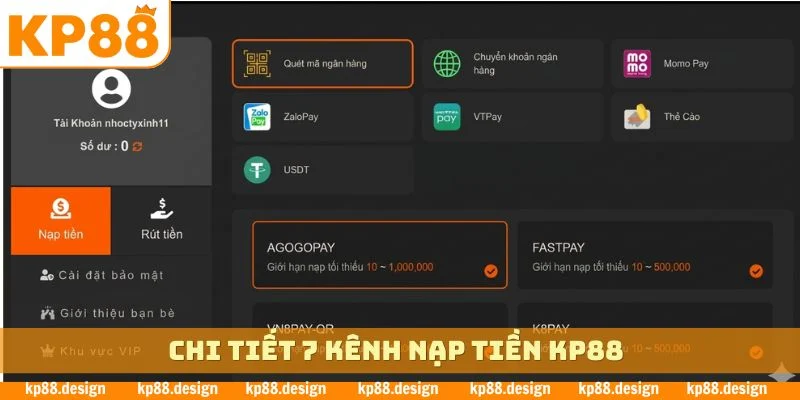Chi tiết 7 kênh nạp tiền KP88